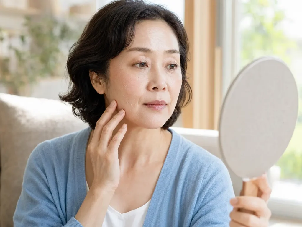 거울로 볼의 건조함과 들뜬 각질을 살펴보는 50대 여성
