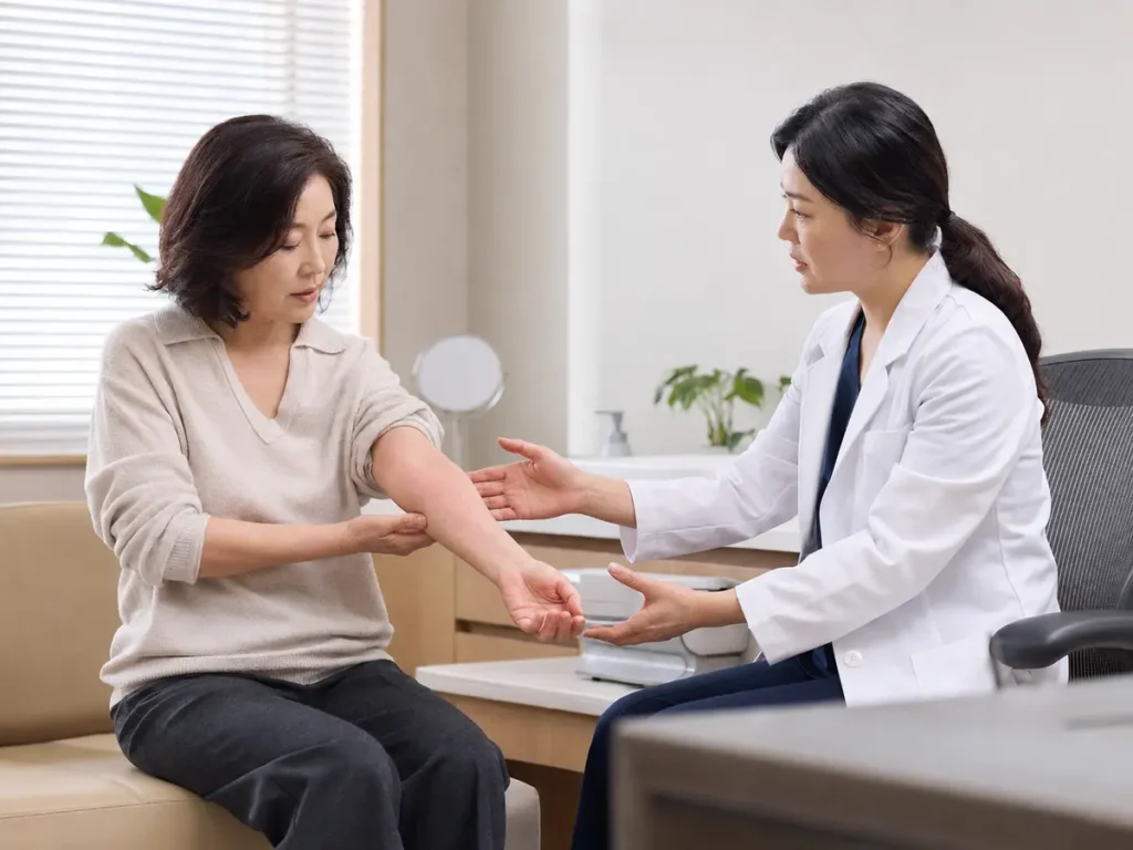 팔의 붉은 피부를 피부과 의료진에게 상담하는 60대 여성