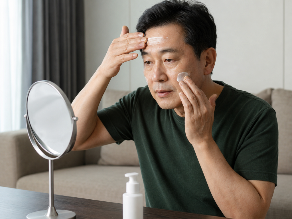 탁상 거울을 보며 이마와 볼에 보습제를 바르는 50대 한국인 남성