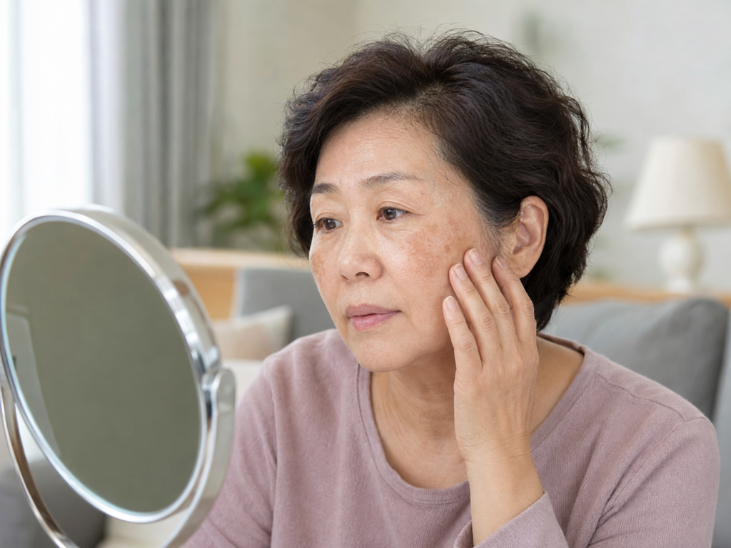 거울로 볼의 넓은 갈색 반점과 작은 색소 반점을 살펴보는 60대 여성