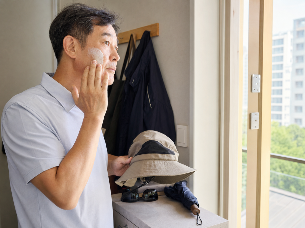 외출 전 자외선 차단제를 바르고 모자와 양산을 준비하는 50대 남성