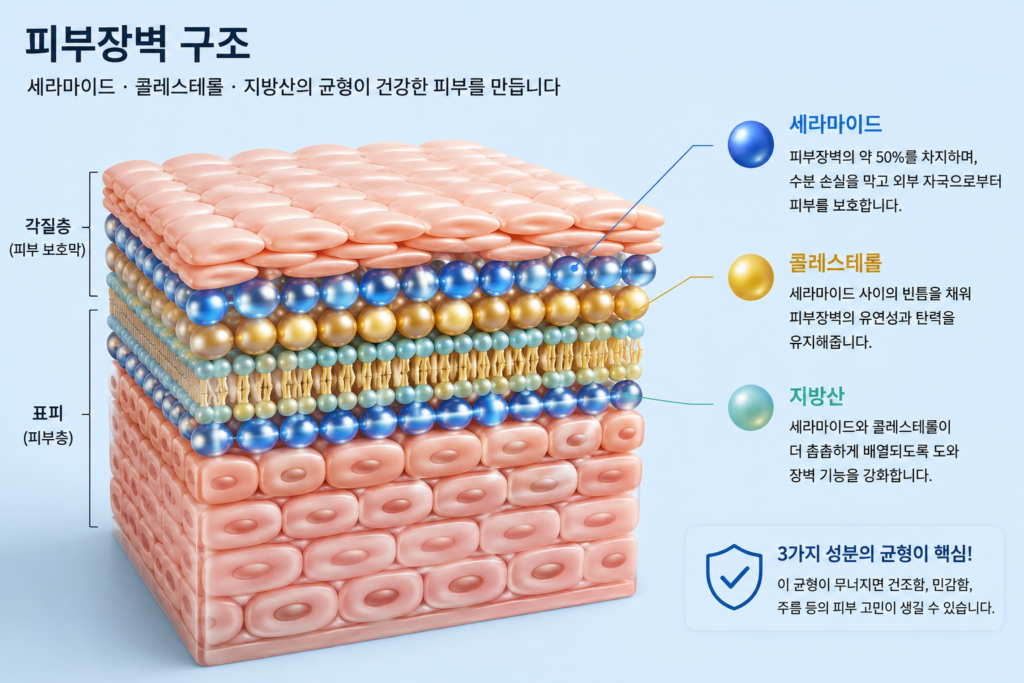 세라마이드와 콜레스테롤, 지방산으로 구성된 피부장벽 구조