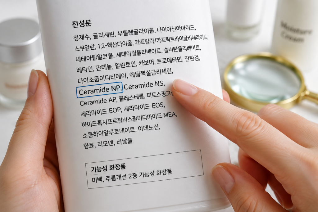 화장품 전성분표에서 세라마이드 성분을 확인하는 모습