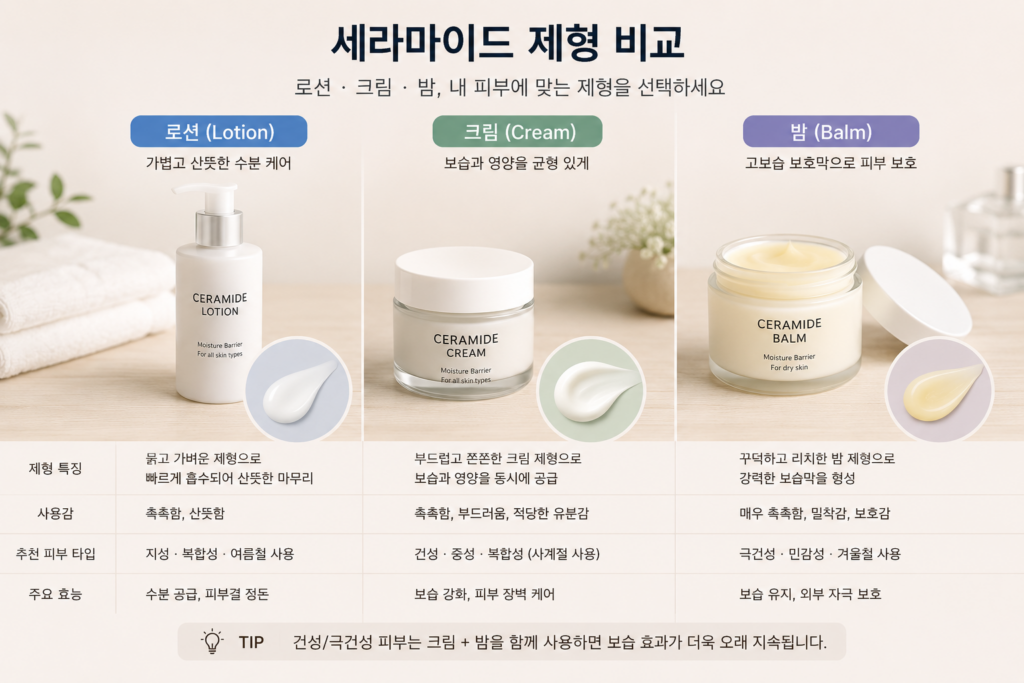 세라마이드 로션과 크림, 밤 제형을 비교한 모습