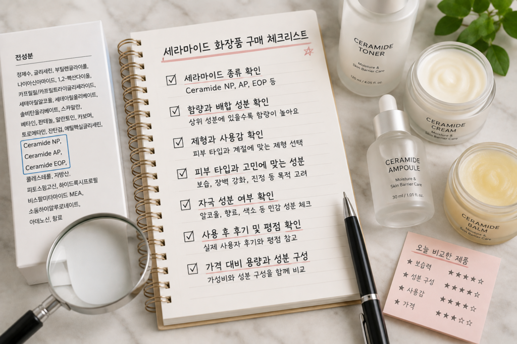 세라마이드 화장품 구매 전 확인사항을 정리하는 모습