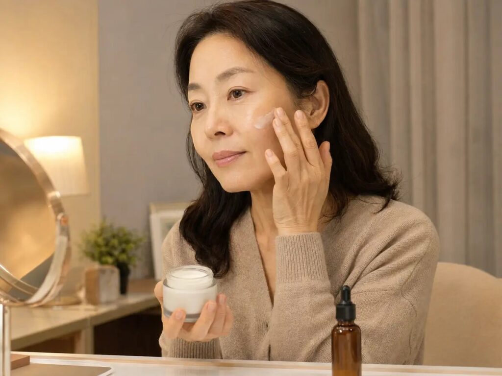 저녁에 레티놀 사용 후 보습크림을 바르는 50대 여성