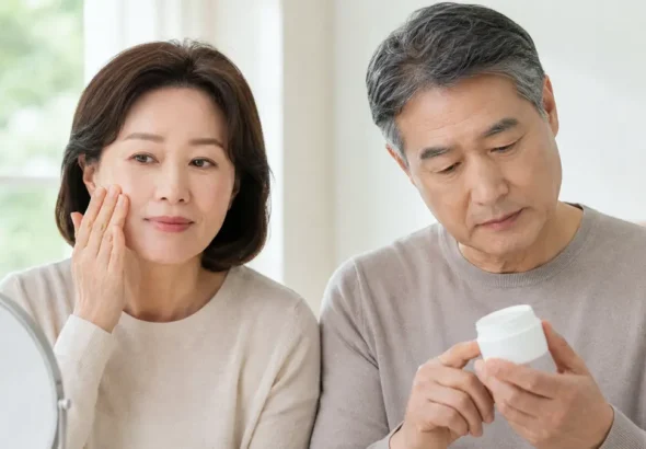 피부 장벽이 무너졌을 때 증상을 살피고 보습제 용기를 확인하는 50대 남녀