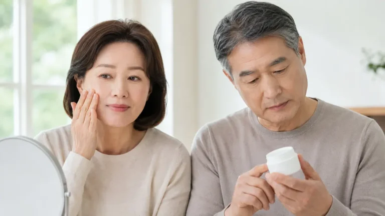 피부 장벽이 무너졌을 때 증상을 살피고 보습제 용기를 확인하는 50대 남녀