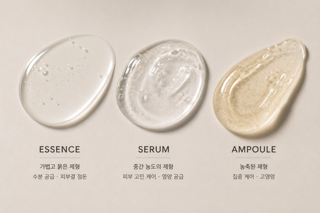 ESSENCE, SERUM, AMPOULE로 구분된 세 가지 투명 화장품 제형 샘플을 나란히 보여주는 비교 이미지