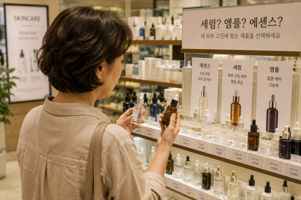 화장품 매장에서 세럼과 앰플 제품을 양손에 들고 비교하는 중년 여성의 뒷모습