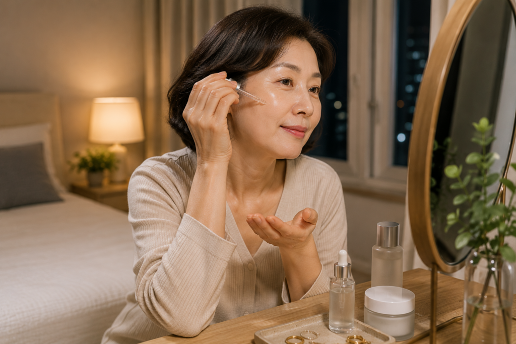 저녁 침실 화장대에서 스포이드 세럼을 얼굴에 바르는 50대 여성의 스킨케어 모습