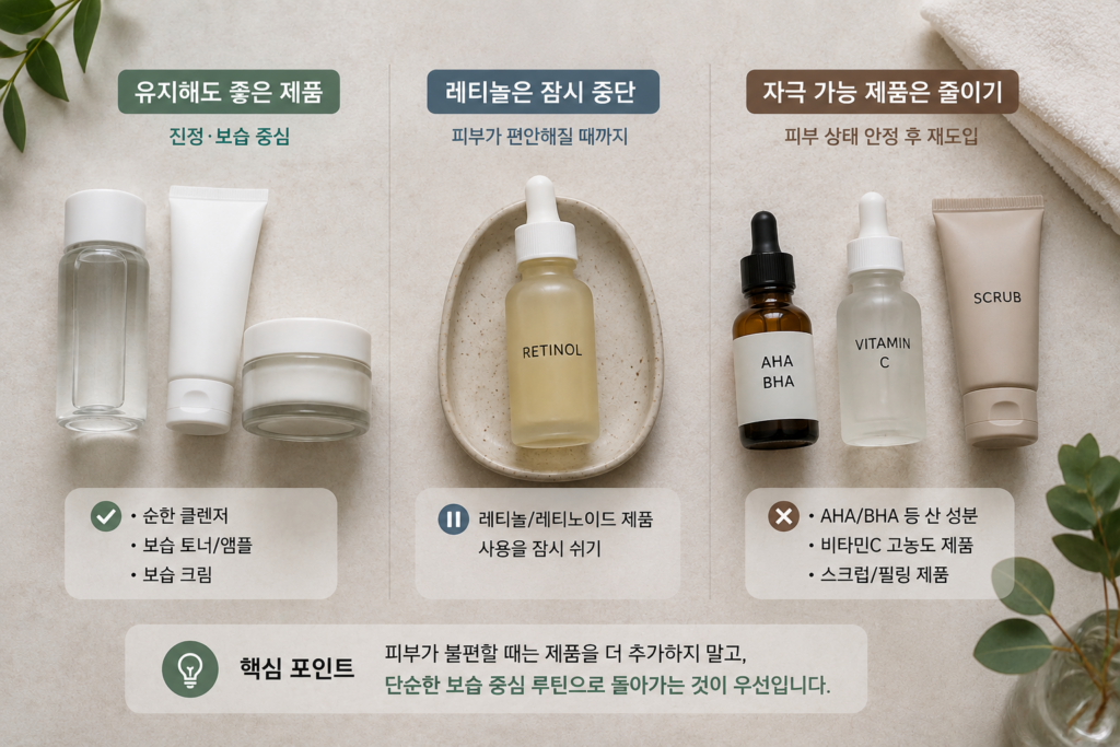 레티놀 자극 시 기능성 제품을 줄이고 보습 중심으로 단순화하는 스킨케어 제품 구성