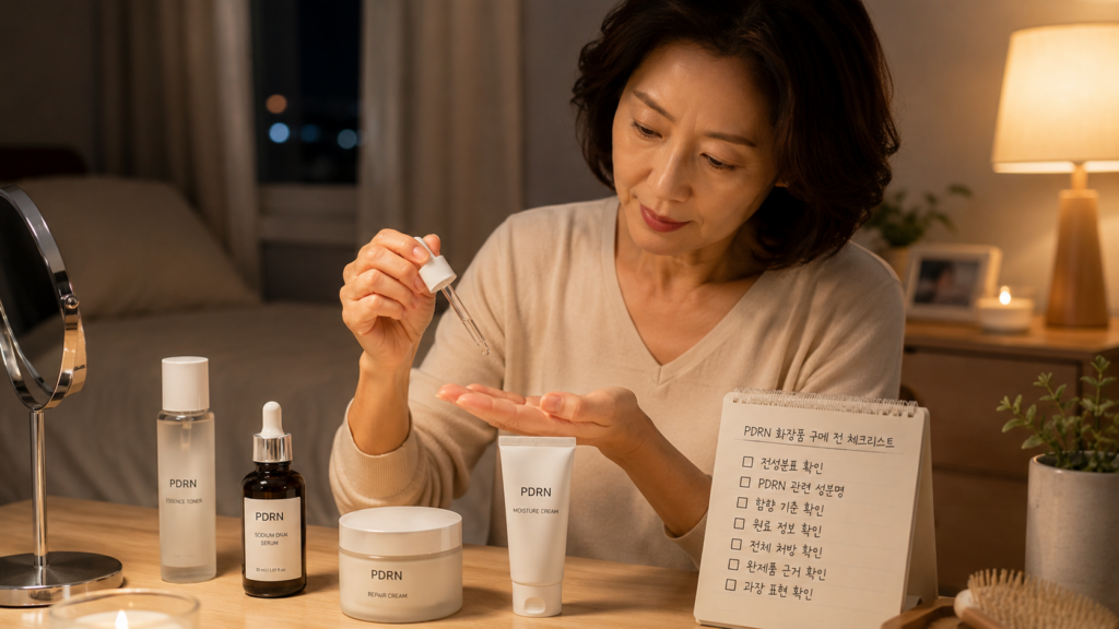 저녁 스킨케어에서 세럼 사용량을 확인하며 준비하는 중년 여성