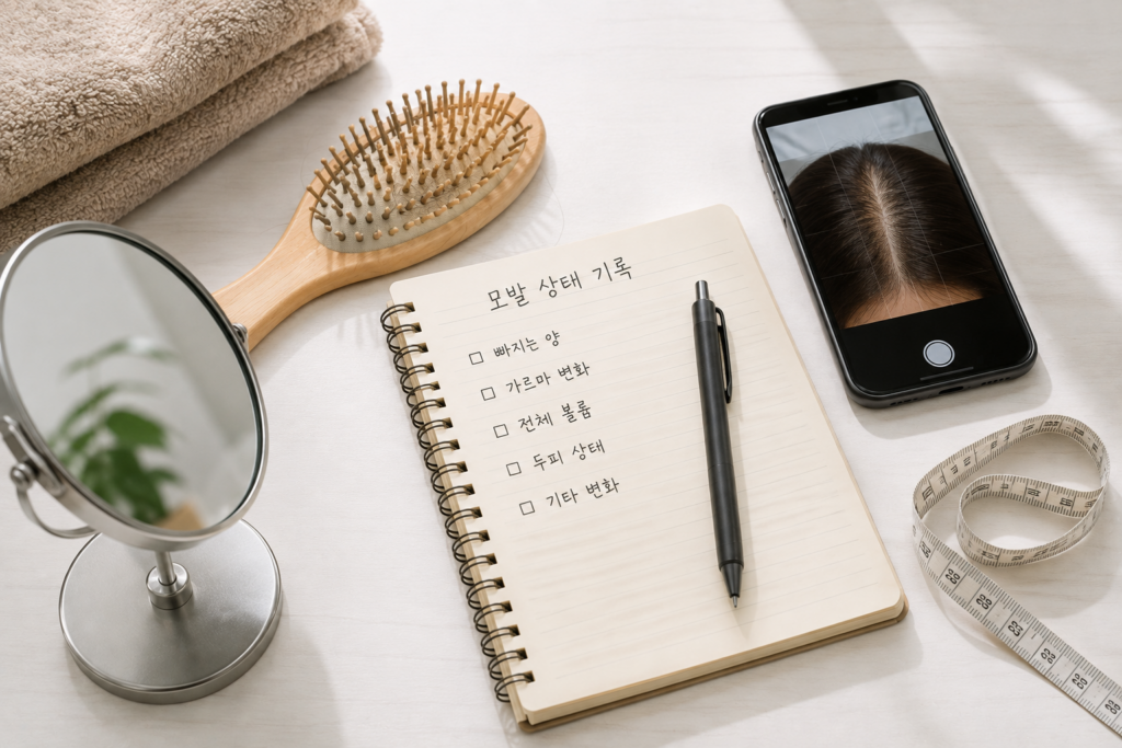 모발과 두피 변화를 기록하기 위해 준비한 빗과 거울 스마트폰
