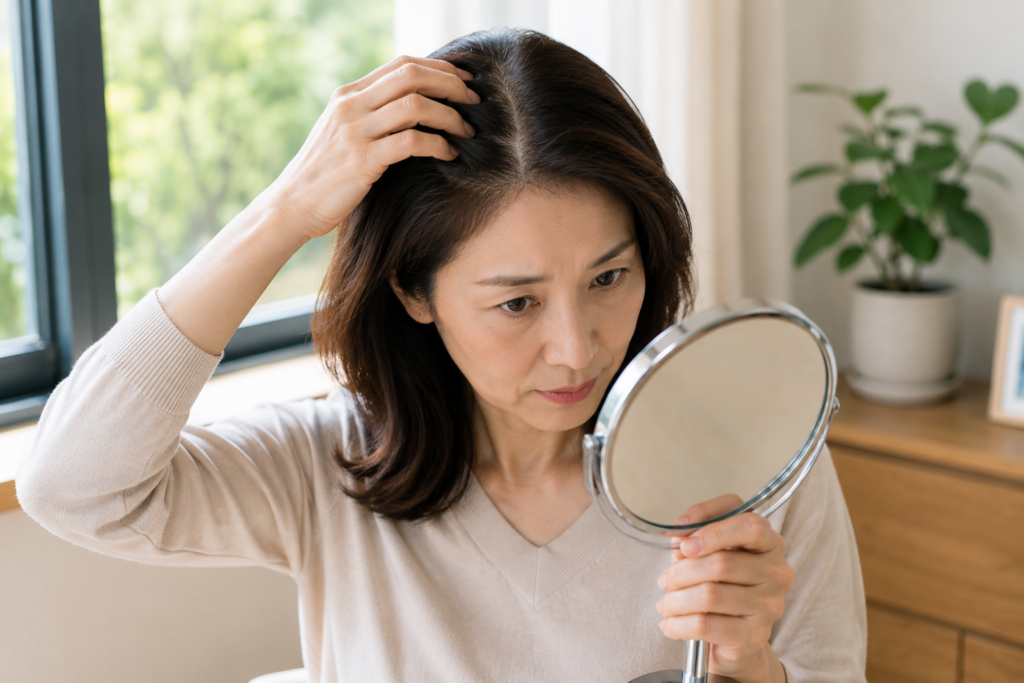 자연광에서 거울로 가르마와 정수리 상태를 확인하는 중년 여성