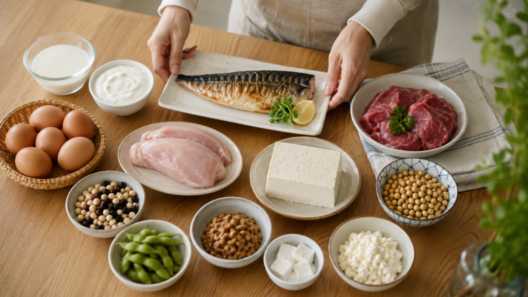50대 단백질 섭취를 위한 생선 달걀 두부 콩류 등 다양한 단백질 식품