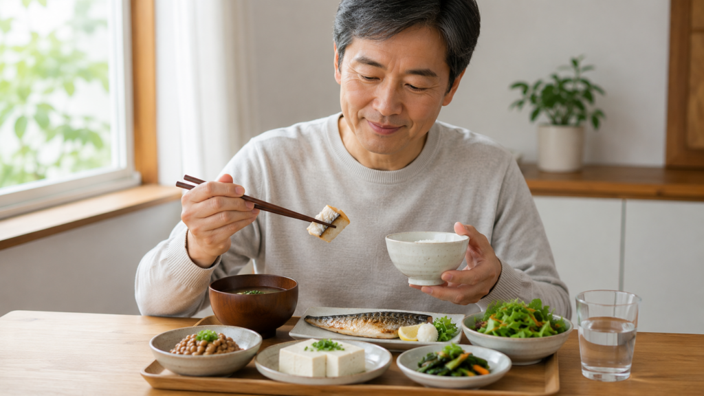 50대 한국인이 생선 두부 채소와 함께 균형 잡힌 식사를 하는 모습