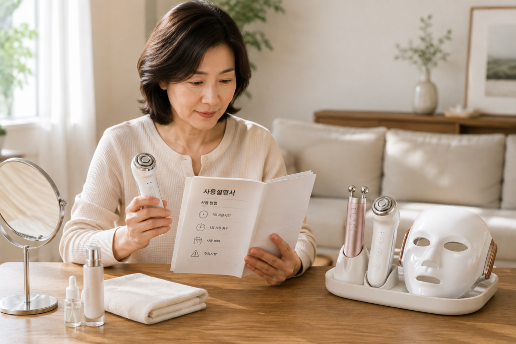 홈 뷰티기기 사용 전 설명서에서 사용주기를 확인하는 중년 여성