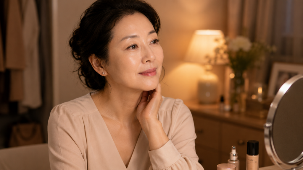 파운데이션을 얇게 마무리해 자연스러운 피부 표현을 완성한 50대 여성
