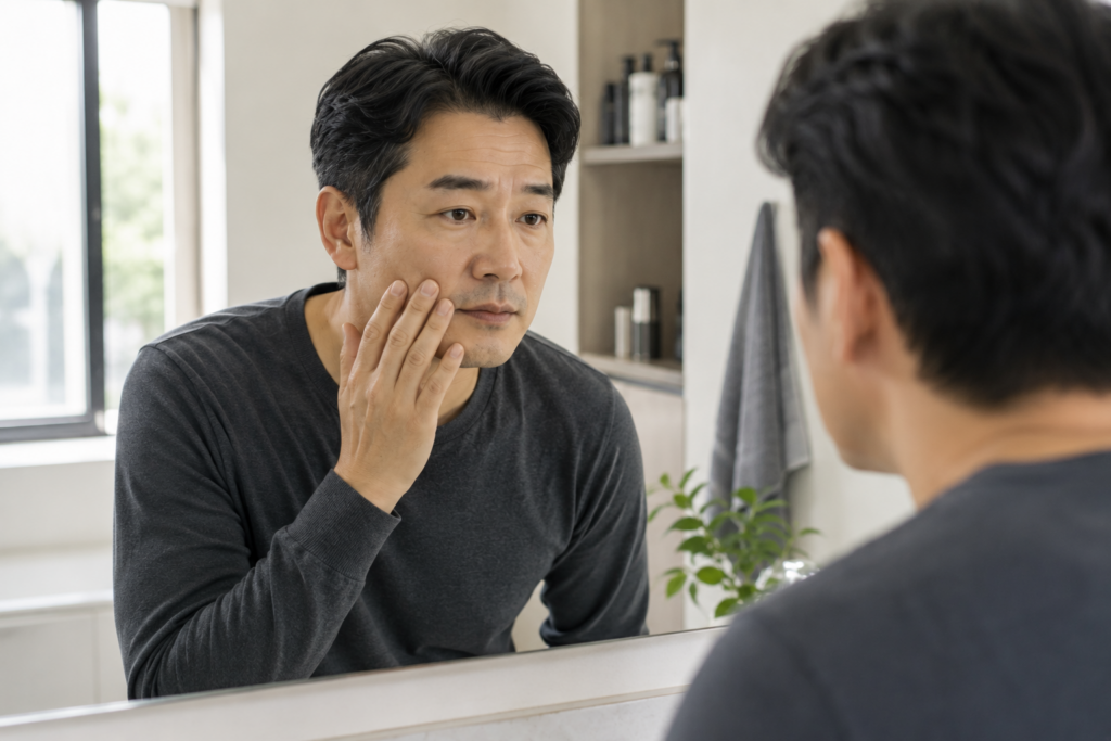 세안 후 볼의 건조함과 당김을 확인하는 중년 남성