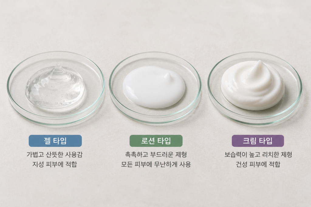 젤과 로션과 크림 형태의 화장품 제형 차이를 보여주는 매크로 사진
