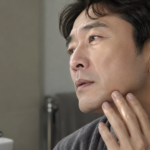 면도 후 스킨을 바르기 전 거울로 피부 상태를 확인하는 중년 남성