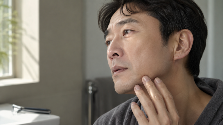 면도 후 스킨을 바르기 전 거울로 피부 상태를 확인하는 중년 남성