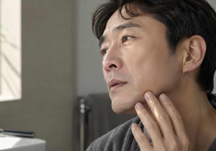 면도 후 스킨을 바르기 전 거울로 피부 상태를 확인하는 중년 남성