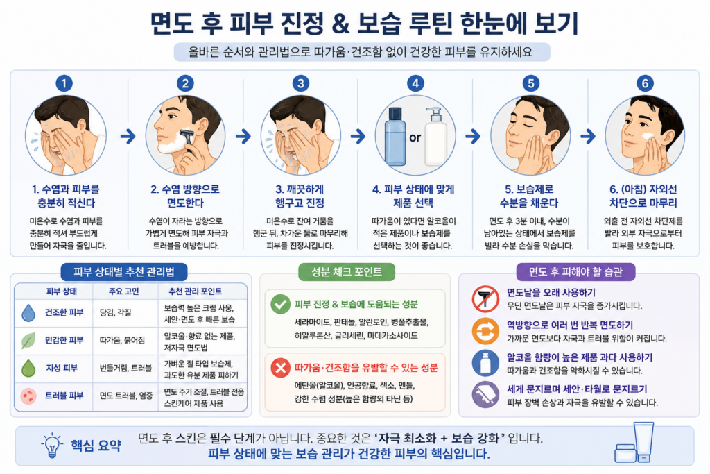 면도 후 피부 진정과 보습 관리 순서를 정리한 인포그래픽