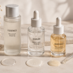ESSENCE, SERUM, AMPOULE로 표시된 세 가지 스킨케어 제품과 제형 샘플을 나란히 비교한 정물 이미지