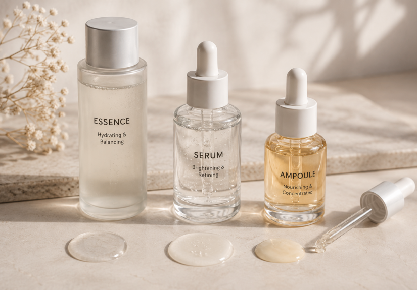 ESSENCE, SERUM, AMPOULE로 표시된 세 가지 스킨케어 제품과 제형 샘플을 나란히 비교한 정물 이미지