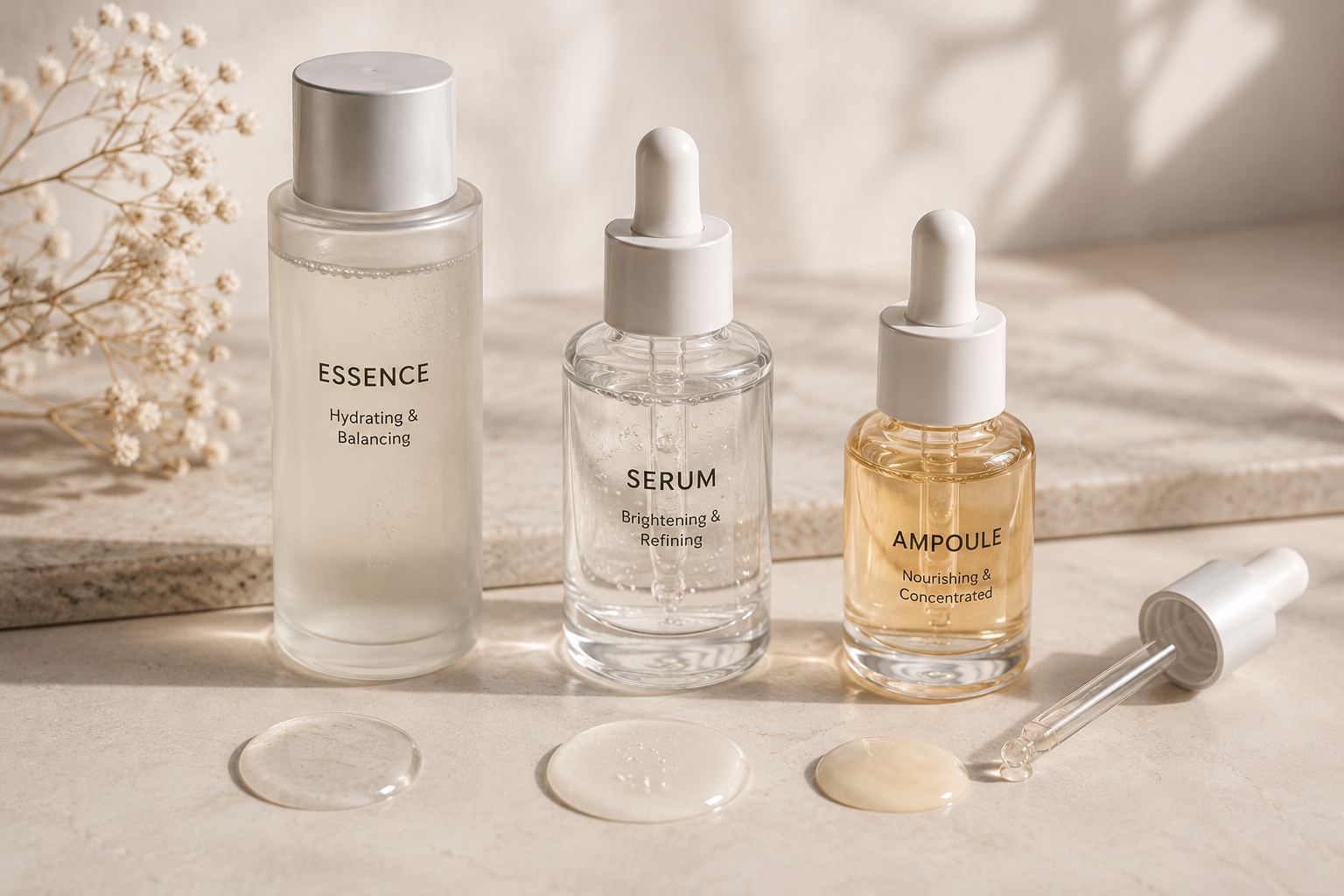 ESSENCE, SERUM, AMPOULE로 표시된 세 가지 스킨케어 제품과 제형 샘플을 나란히 비교한 정물 이미지