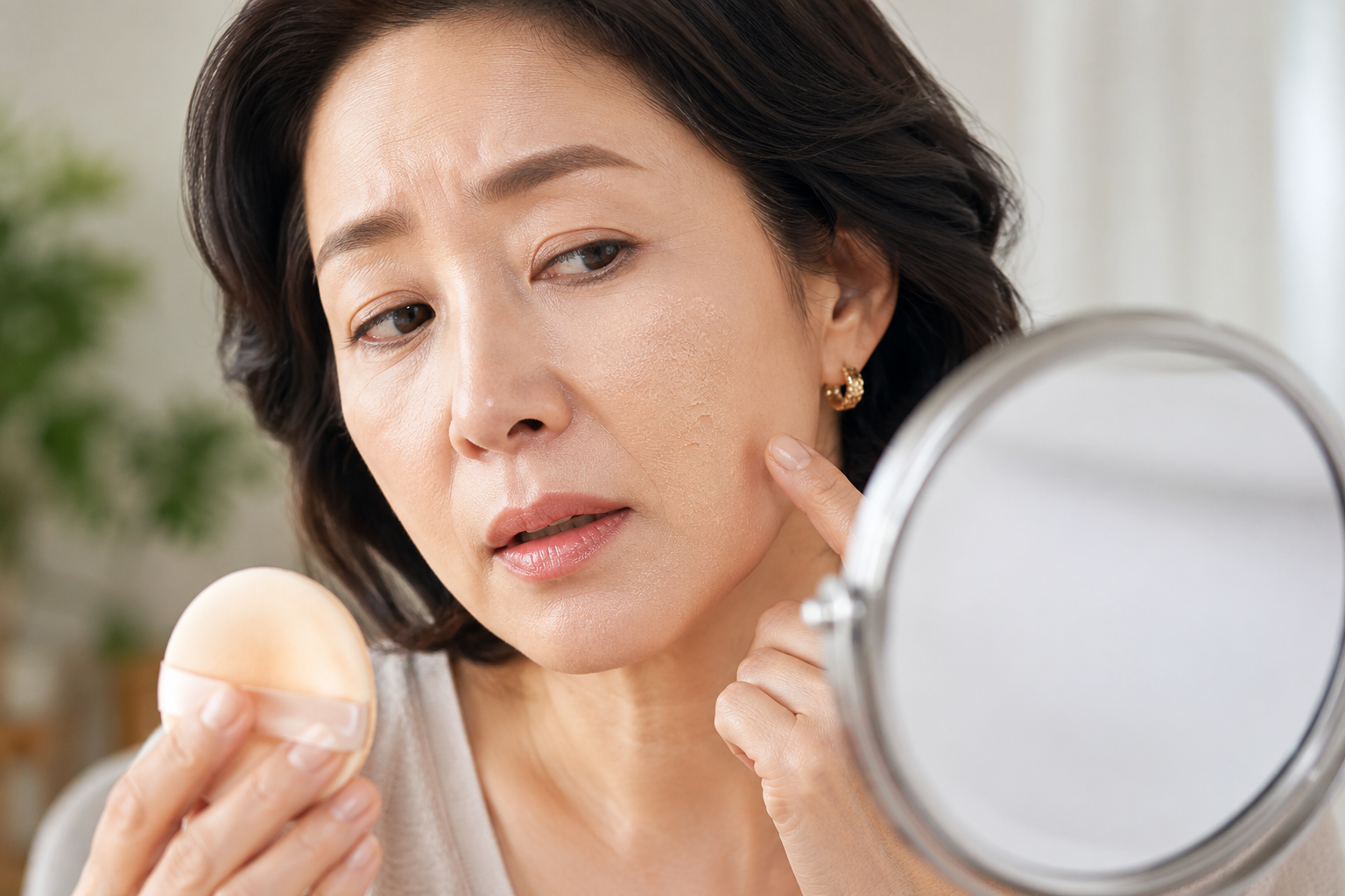 화장이 들뜬 볼과 입가를 거울로 확인하는 중년 여성