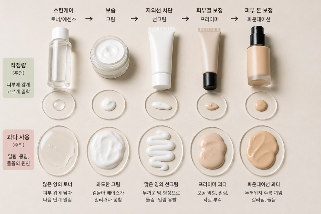 기초화장 선크림 프라이머 파운데이션의 과도한 레이어링 비교