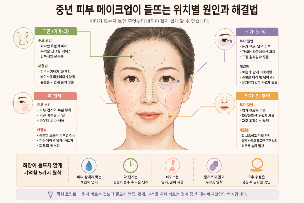 중년 피부 화장 들뜸 위치별 원인을 보여주는 얼굴 인포그래픽