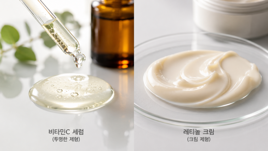 비타민C 세럼과 레티놀 크림의 서로 다른 화장품 제형 비교
