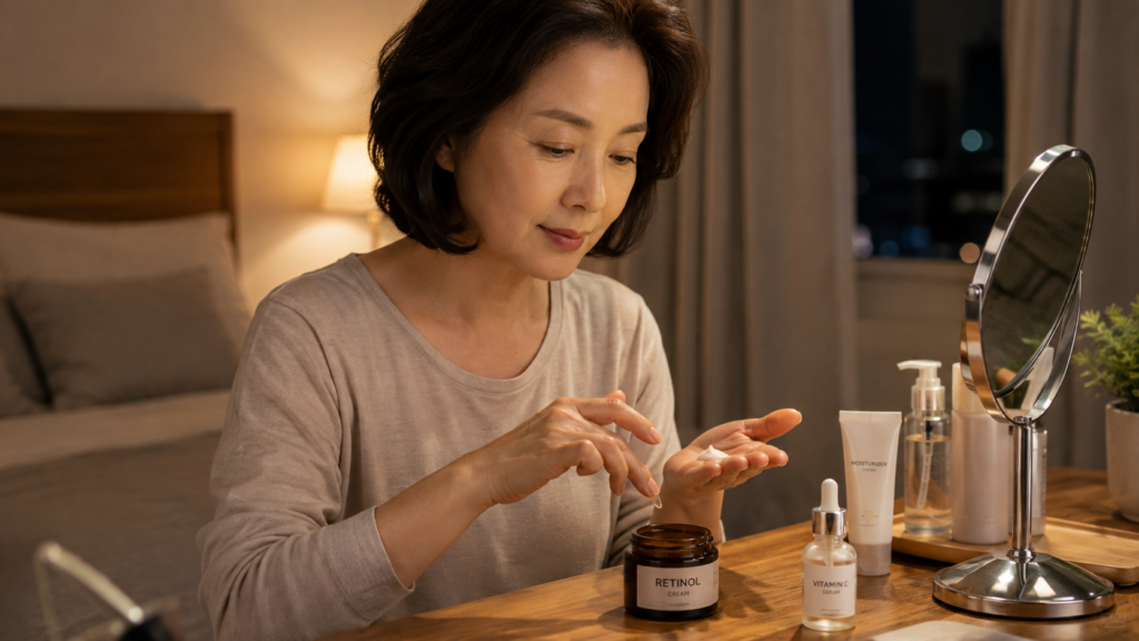 50대 여성이 저녁에 소량의 레티놀 화장품을 사용하는 모습