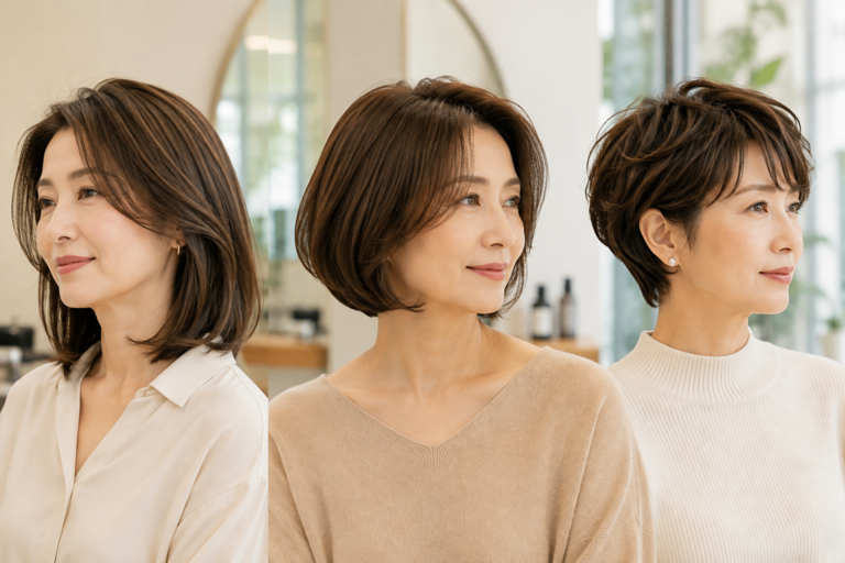 소프트 보브와 롱보브, 빅시 등 서로 다른 세련된 헤어스타일을 보여주는 50대 여성들
