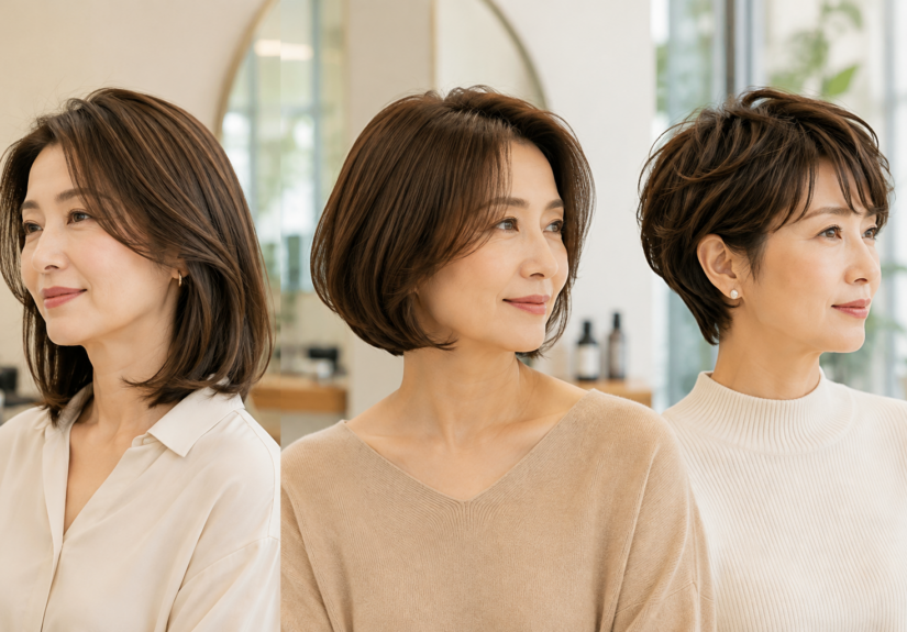 소프트 보브와 롱보브, 빅시 등 서로 다른 세련된 헤어스타일을 보여주는 50대 여성들