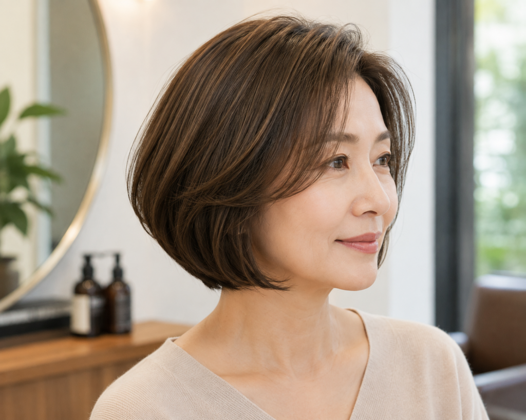 턱선 주변에 부드러운 볼륨과 움직임을 살린 소프트 보브 스타일의 50대 여성