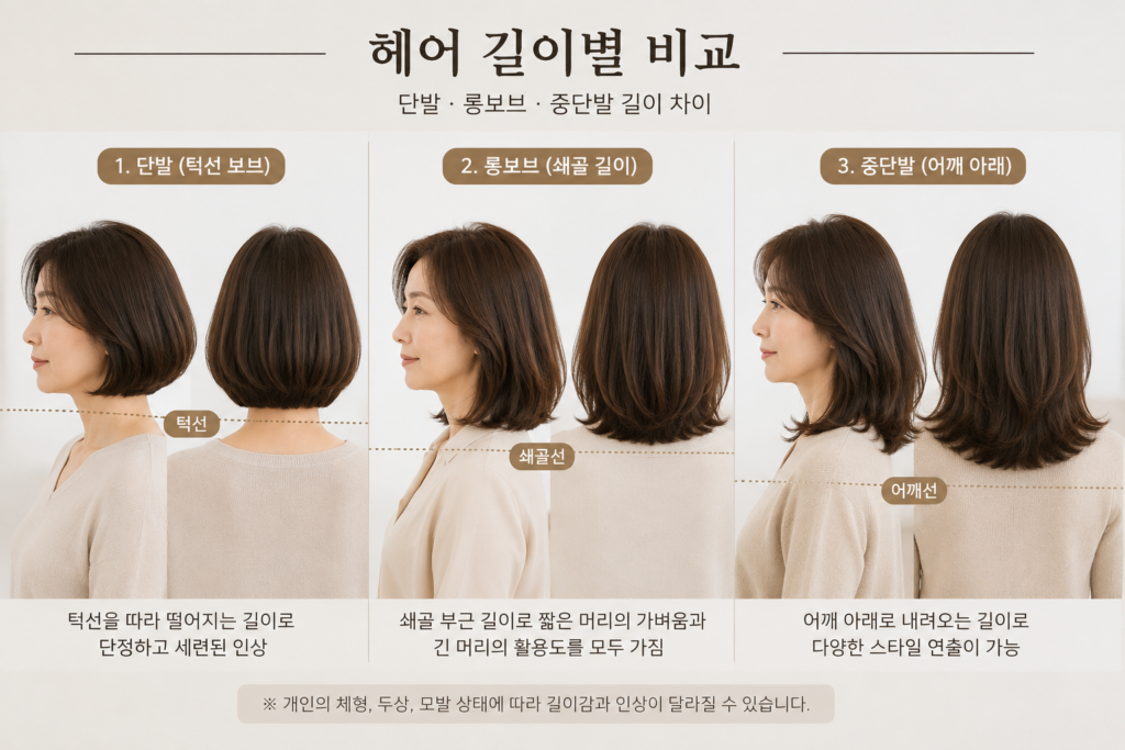 턱선 보브와 쇄골 롱보브, 레이어드 미디 길이의 차이를 보여주는 헤어 실루엣 비교