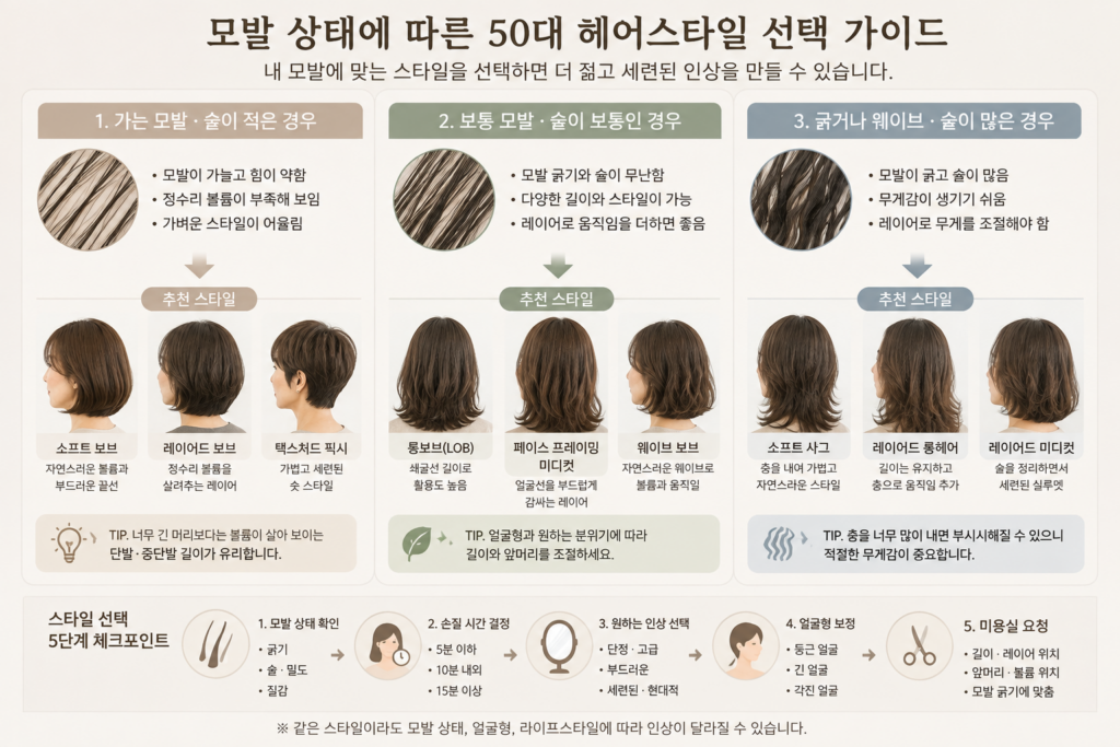 모발 굵기와 질감에 따라 보브와 롱보브, 레이어드 스타일을 선택하는 기준을 보여주는 개념도