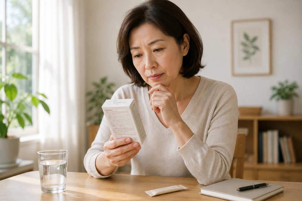 먹는 콜라겐의 피부 효과를 고민하며 제품 표시를 확인하는 50대 여성