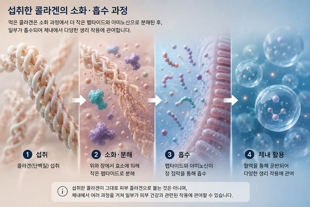 섭취한 콜라겐이 소화 과정에서 펩타이드와 아미노산으로 분해되는 과정