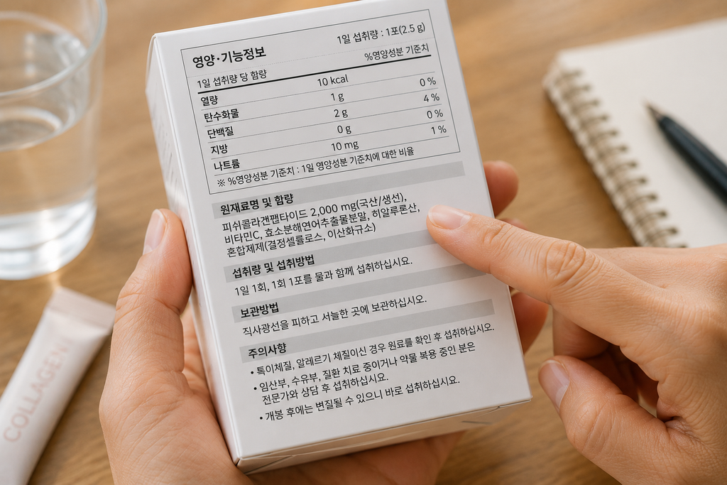 콜라겐 제품 구매 전 원재료와 함량 표시를 확인하는 모습
