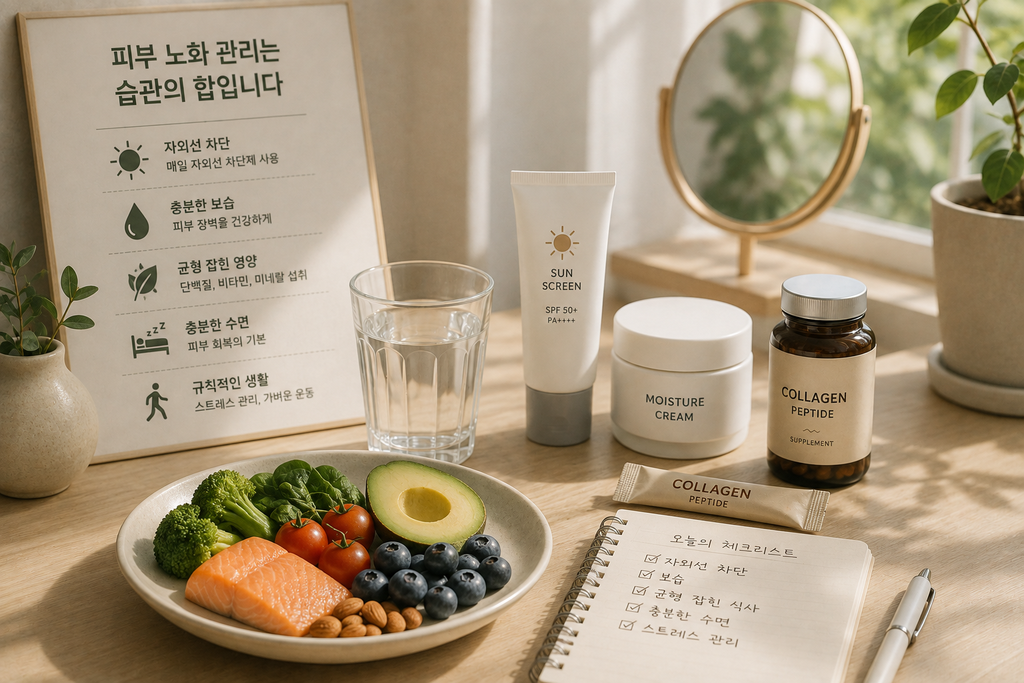 자외선 차단과 보습, 균형 잡힌 영양 등 피부 노화 기본 관리를 보여주는 이미지