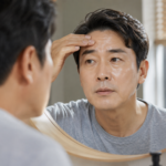오후에 이마와 코의 번들거림을 확인하는 중년 남성