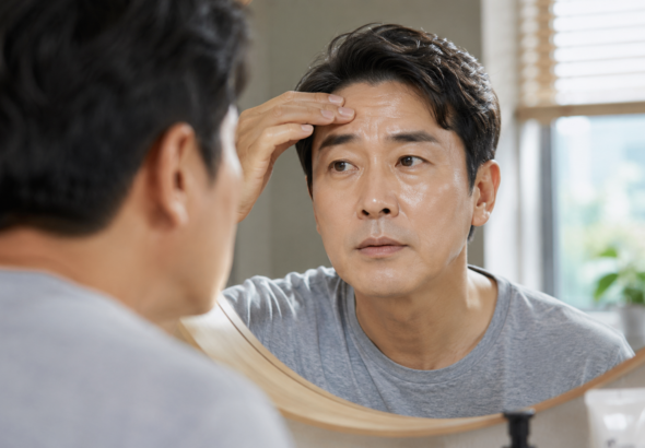 오후에 이마와 코의 번들거림을 확인하는 중년 남성