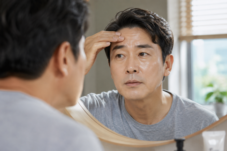 오후에 이마와 코의 번들거림을 확인하는 중년 남성