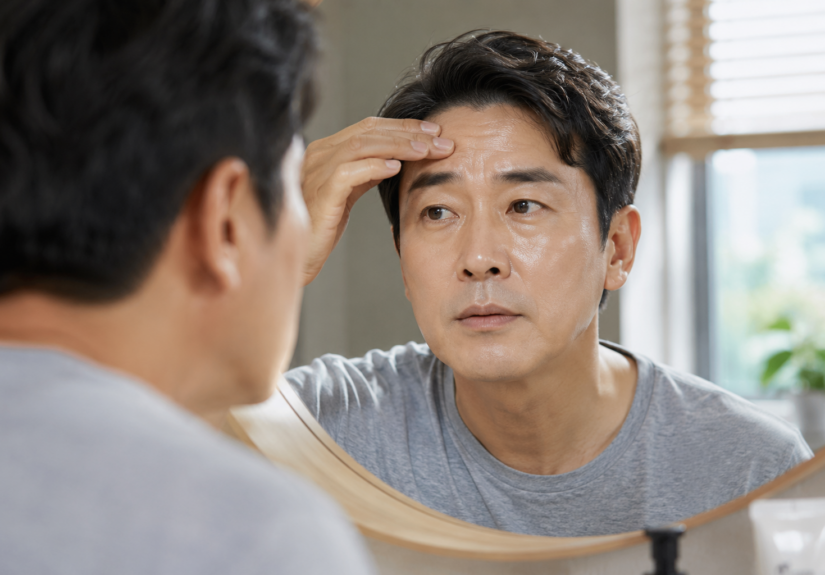 오후에 이마와 코의 번들거림을 확인하는 중년 남성